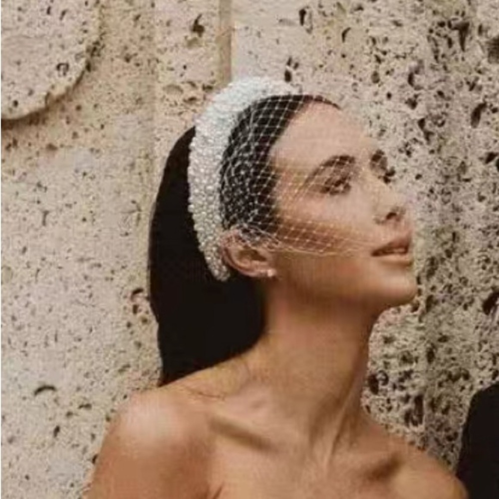 French Netting Birdcage Headband Veil with Pearl